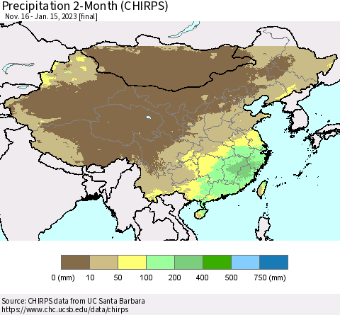 China, Mongolia and Taiwan Precipitation 2-Month (CHIRPS) Thematic Map For 11/16/2022 - 1/15/2023