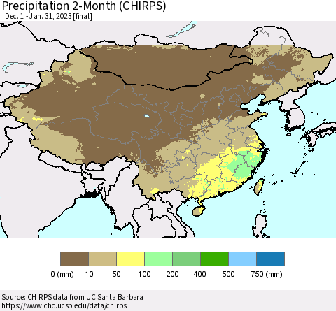 China, Mongolia and Taiwan Precipitation 2-Month (CHIRPS) Thematic Map For 12/1/2022 - 1/31/2023