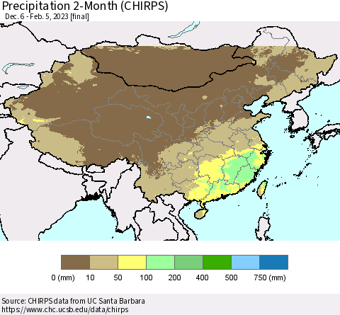 China, Mongolia and Taiwan Precipitation 2-Month (CHIRPS) Thematic Map For 12/6/2022 - 2/5/2023