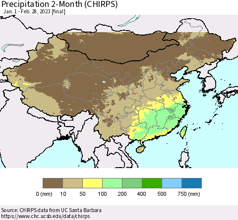 China, Mongolia and Taiwan Precipitation 2-Month (CHIRPS) Thematic Map For 1/1/2023 - 2/28/2023