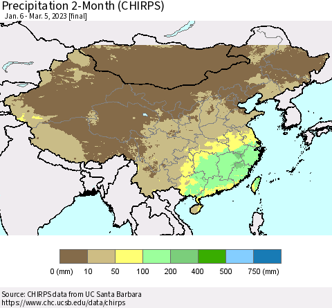 China, Mongolia and Taiwan Precipitation 2-Month (CHIRPS) Thematic Map For 1/6/2023 - 3/5/2023