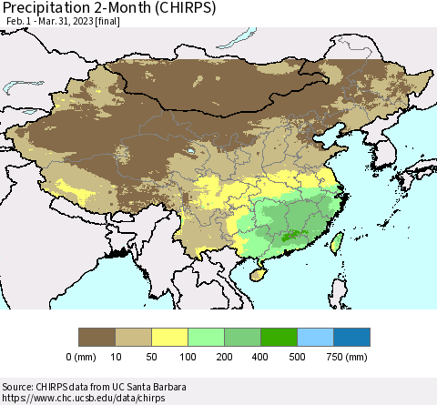China, Mongolia and Taiwan Precipitation 2-Month (CHIRPS) Thematic Map For 2/1/2023 - 3/31/2023