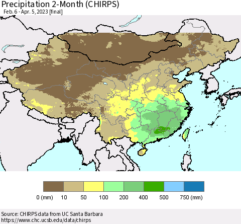 China, Mongolia and Taiwan Precipitation 2-Month (CHIRPS) Thematic Map For 2/6/2023 - 4/5/2023