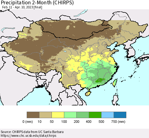 China, Mongolia and Taiwan Precipitation 2-Month (CHIRPS) Thematic Map For 2/11/2023 - 4/10/2023