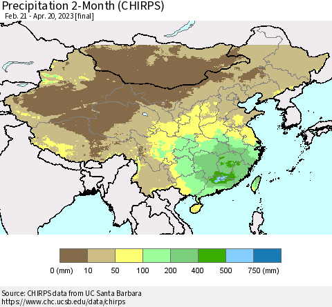 China, Mongolia and Taiwan Precipitation 2-Month (CHIRPS) Thematic Map For 2/21/2023 - 4/20/2023
