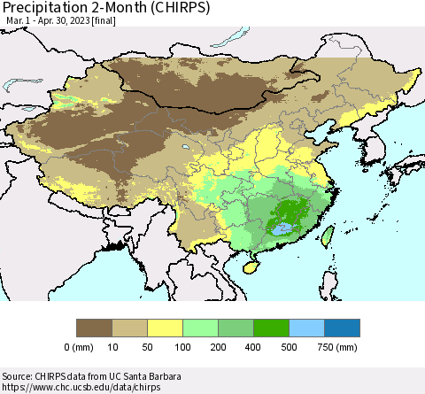 China, Mongolia and Taiwan Precipitation 2-Month (CHIRPS) Thematic Map For 3/1/2023 - 4/30/2023