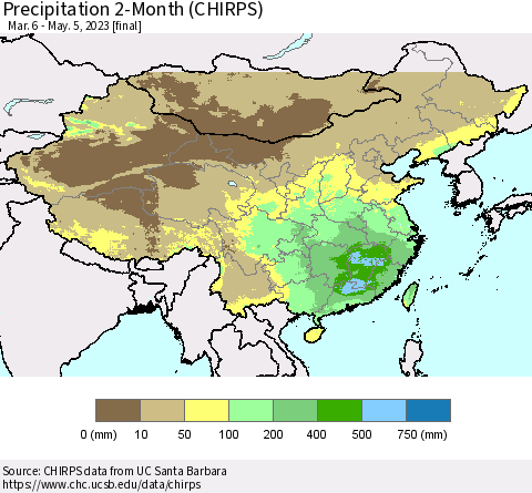 China, Mongolia and Taiwan Precipitation 2-Month (CHIRPS) Thematic Map For 3/6/2023 - 5/5/2023