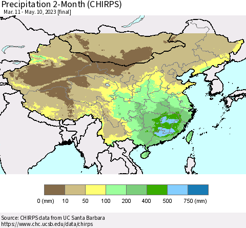 China, Mongolia and Taiwan Precipitation 2-Month (CHIRPS) Thematic Map For 3/11/2023 - 5/10/2023