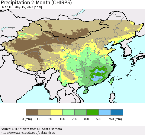 China, Mongolia and Taiwan Precipitation 2-Month (CHIRPS) Thematic Map For 3/16/2023 - 5/15/2023