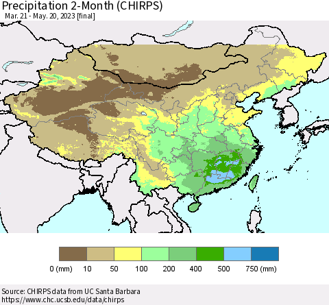 China, Mongolia and Taiwan Precipitation 2-Month (CHIRPS) Thematic Map For 3/21/2023 - 5/20/2023
