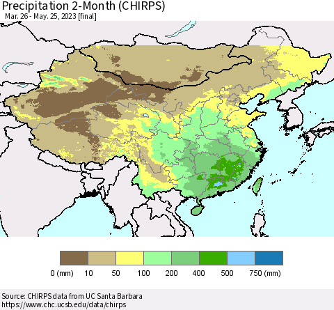 China, Mongolia and Taiwan Precipitation 2-Month (CHIRPS) Thematic Map For 3/26/2023 - 5/25/2023