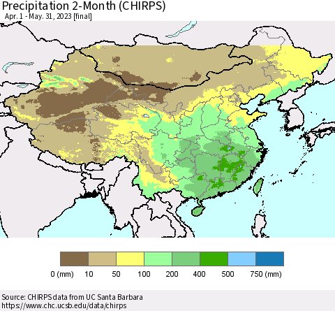 China, Mongolia and Taiwan Precipitation 2-Month (CHIRPS) Thematic Map For 4/1/2023 - 5/31/2023