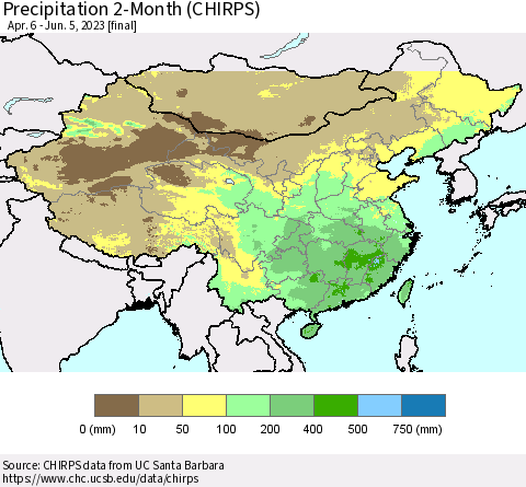 China, Mongolia and Taiwan Precipitation 2-Month (CHIRPS) Thematic Map For 4/6/2023 - 6/5/2023