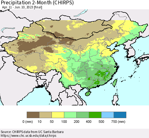 China, Mongolia and Taiwan Precipitation 2-Month (CHIRPS) Thematic Map For 4/11/2023 - 6/10/2023