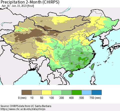 China, Mongolia and Taiwan Precipitation 2-Month (CHIRPS) Thematic Map For 4/16/2023 - 6/15/2023