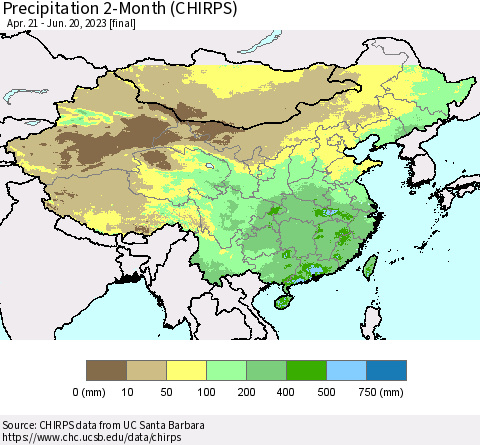 China, Mongolia and Taiwan Precipitation 2-Month (CHIRPS) Thematic Map For 4/21/2023 - 6/20/2023