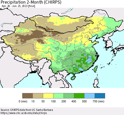 China, Mongolia and Taiwan Precipitation 2-Month (CHIRPS) Thematic Map For 4/26/2023 - 6/25/2023