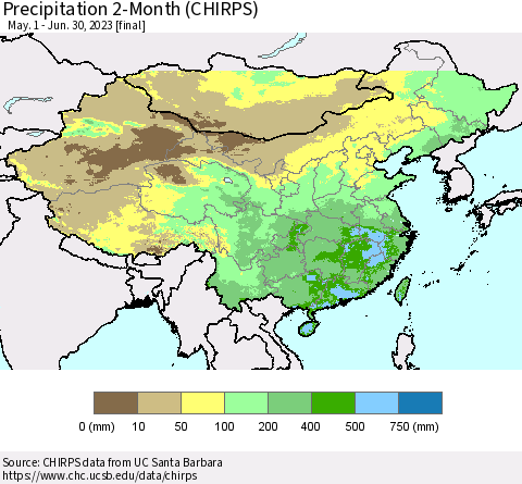 China, Mongolia and Taiwan Precipitation 2-Month (CHIRPS) Thematic Map For 5/1/2023 - 6/30/2023