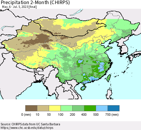 China, Mongolia and Taiwan Precipitation 2-Month (CHIRPS) Thematic Map For 5/6/2023 - 7/5/2023