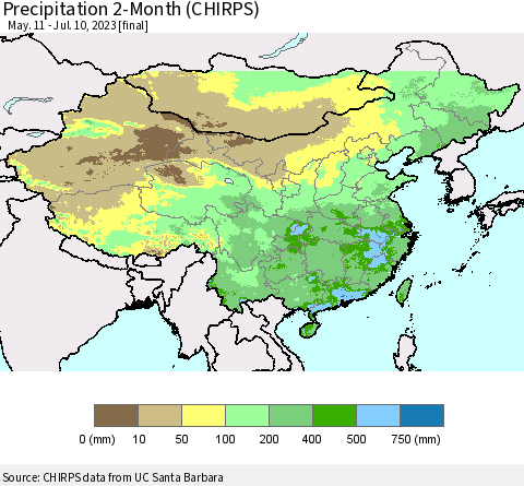 China, Mongolia and Taiwan Precipitation 2-Month (CHIRPS) Thematic Map For 5/11/2023 - 7/10/2023