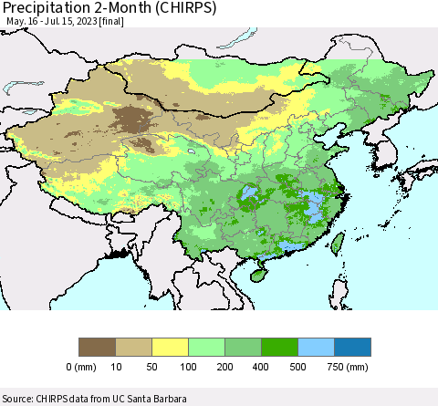 China, Mongolia and Taiwan Precipitation 2-Month (CHIRPS) Thematic Map For 5/16/2023 - 7/15/2023