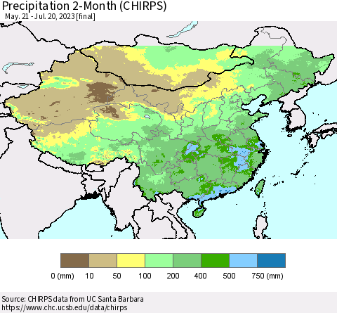 China, Mongolia and Taiwan Precipitation 2-Month (CHIRPS) Thematic Map For 5/21/2023 - 7/20/2023