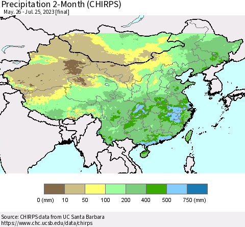 China, Mongolia and Taiwan Precipitation 2-Month (CHIRPS) Thematic Map For 5/26/2023 - 7/25/2023