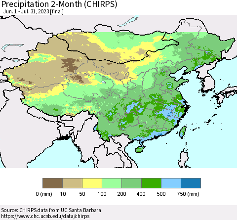 China, Mongolia and Taiwan Precipitation 2-Month (CHIRPS) Thematic Map For 6/1/2023 - 7/31/2023