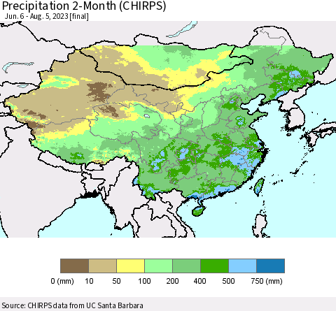 China, Mongolia and Taiwan Precipitation 2-Month (CHIRPS) Thematic Map For 6/6/2023 - 8/5/2023