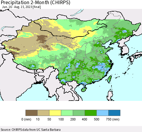 China, Mongolia and Taiwan Precipitation 2-Month (CHIRPS) Thematic Map For 6/16/2023 - 8/15/2023