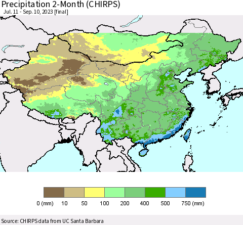 China, Mongolia and Taiwan Precipitation 2-Month (CHIRPS) Thematic Map For 7/11/2023 - 9/10/2023