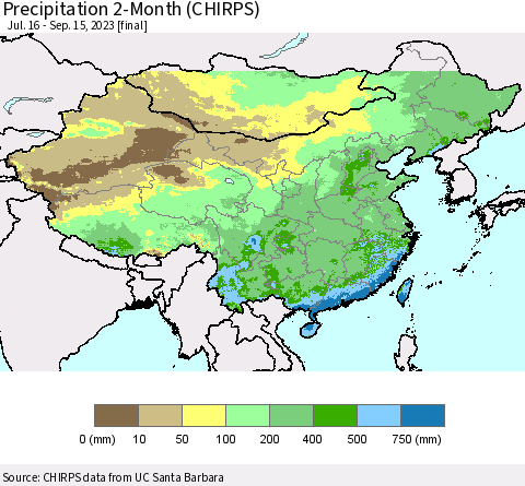 China, Mongolia and Taiwan Precipitation 2-Month (CHIRPS) Thematic Map For 7/16/2023 - 9/15/2023