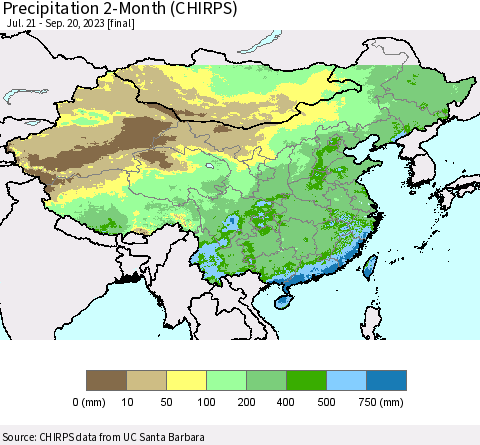 China, Mongolia and Taiwan Precipitation 2-Month (CHIRPS) Thematic Map For 7/21/2023 - 9/20/2023