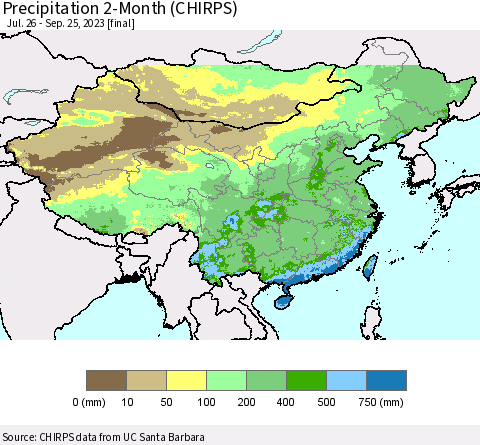 China, Mongolia and Taiwan Precipitation 2-Month (CHIRPS) Thematic Map For 7/26/2023 - 9/25/2023
