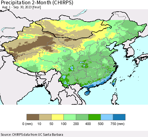 China, Mongolia and Taiwan Precipitation 2-Month (CHIRPS) Thematic Map For 8/1/2023 - 9/30/2023