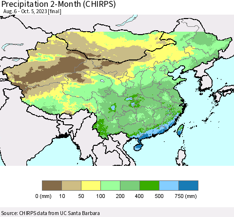 China, Mongolia and Taiwan Precipitation 2-Month (CHIRPS) Thematic Map For 8/6/2023 - 10/5/2023
