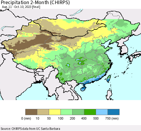 China, Mongolia and Taiwan Precipitation 2-Month (CHIRPS) Thematic Map For 8/11/2023 - 10/10/2023