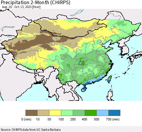 China, Mongolia and Taiwan Precipitation 2-Month (CHIRPS) Thematic Map For 8/16/2023 - 10/15/2023