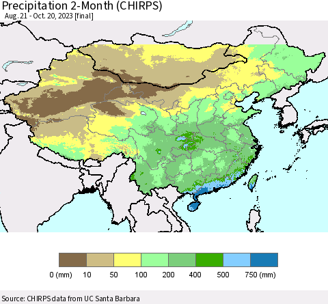 China, Mongolia and Taiwan Precipitation 2-Month (CHIRPS) Thematic Map For 8/21/2023 - 10/20/2023