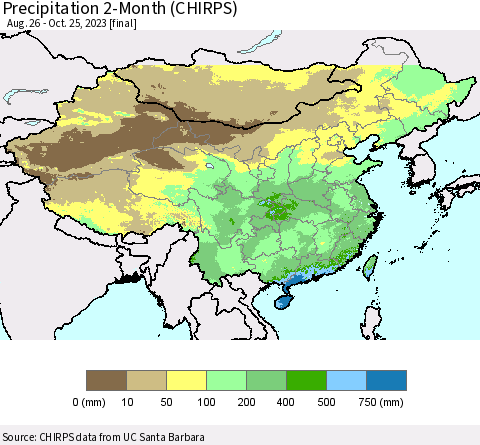 China, Mongolia and Taiwan Precipitation 2-Month (CHIRPS) Thematic Map For 8/26/2023 - 10/25/2023
