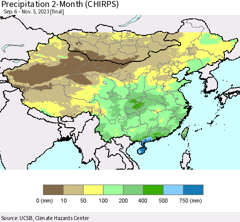 China, Mongolia and Taiwan Precipitation 2-Month (CHIRPS) Thematic Map For 9/6/2023 - 11/5/2023