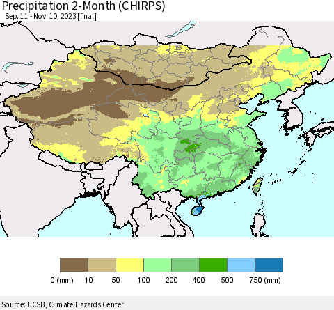 China, Mongolia and Taiwan Precipitation 2-Month (CHIRPS) Thematic Map For 9/11/2023 - 11/10/2023