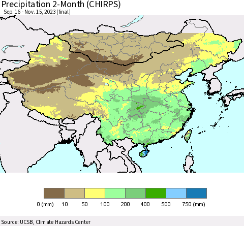 China, Mongolia and Taiwan Precipitation 2-Month (CHIRPS) Thematic Map For 9/16/2023 - 11/15/2023