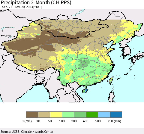 China, Mongolia and Taiwan Precipitation 2-Month (CHIRPS) Thematic Map For 9/21/2023 - 11/20/2023