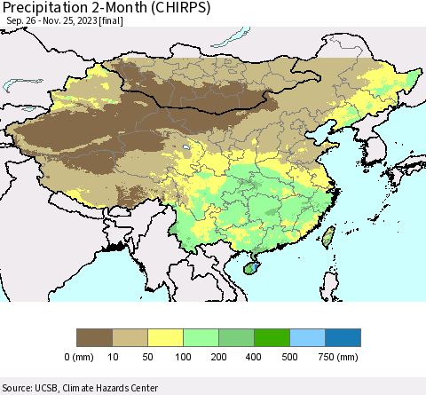 China, Mongolia and Taiwan Precipitation 2-Month (CHIRPS) Thematic Map For 9/26/2023 - 11/25/2023