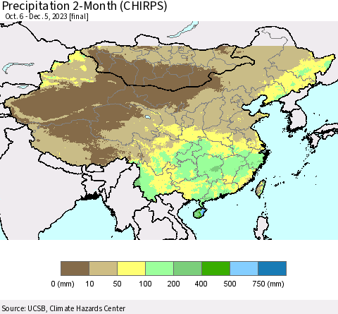 China, Mongolia and Taiwan Precipitation 2-Month (CHIRPS) Thematic Map For 10/6/2023 - 12/5/2023