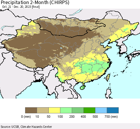 China, Mongolia and Taiwan Precipitation 2-Month (CHIRPS) Thematic Map For 10/21/2023 - 12/20/2023