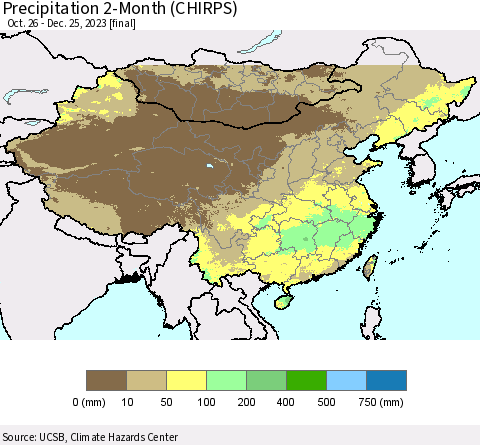 China, Mongolia and Taiwan Precipitation 2-Month (CHIRPS) Thematic Map For 10/26/2023 - 12/25/2023