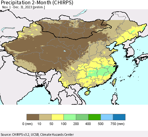 China, Mongolia and Taiwan Precipitation 2-Month (CHIRPS) Thematic Map For 11/1/2023 - 12/31/2023