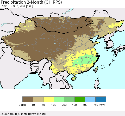 China, Mongolia and Taiwan Precipitation 2-Month (CHIRPS) Thematic Map For 11/6/2023 - 1/5/2024
